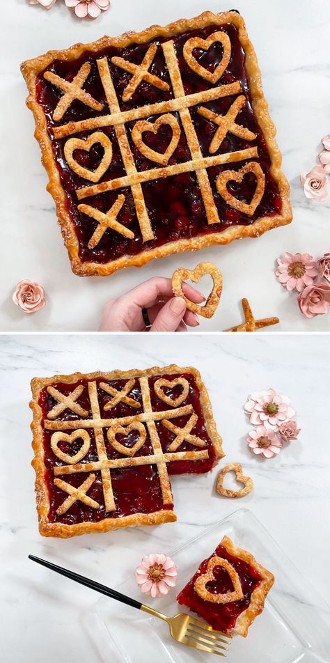 Because I Like To Play With My Food, I Baked A Tic-Tac-Toe Cherry Pie For Valentine's Day Love And Pies Game, Cherry Pie Designs, Valentine’s Day Pie Crust, Cherry Pie Art, Cherry Pie Astethic, Strawberry Pop Tart, Valentines Snacks, Molten Lava Cakes, Decadent Chocolate Cake