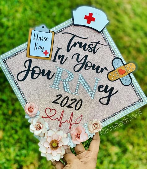 Senior Cap Ideas Nursing, Nurse Graduate Cap Ideas, Nursing High School Graduation Cap, Nurse Graduation Cap Designs Diy, Diy Nurse Graduation Cap, Nursing Graduation Caps Ideas, Nursing Degree Graduation Cap, Nursing Graduation Hat, Nurse Caps Graduation