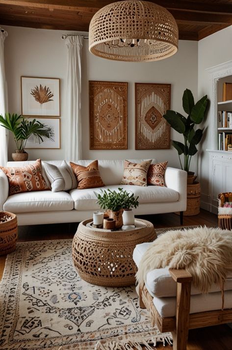 Apartment Decorating Boho Modern, Boho Style Decor Living Rooms, Mobile Home Boho Decor, Boohoo Home Decor, Simple Boho Home Decor, Boho Modern Aesthetic, Different Style Homes Interior Design, Peloton In Living Room, Boho Decor Ideas For The Home