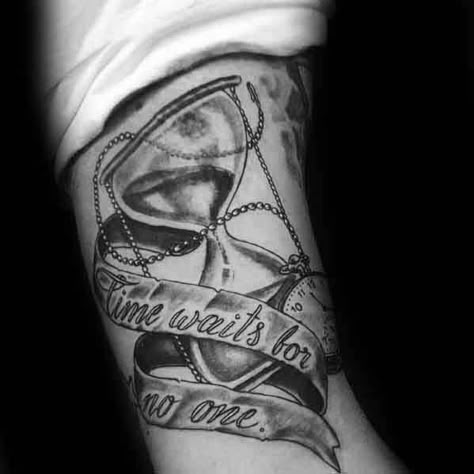 40 Time Waits For No Man Tattoo Designs For Men – Quote Ink Ideas Tattoos About Time For Men, Smart Tattoo Ideas Men, Tattoo Time Quotes, Dont Waste Time Tattoo Design, Lost In Time Tattoo, Time Is Priceless Tattoo, Time Quote Tattoos, First Time Tattoo Ideas Men, Time Quotes Tattoo