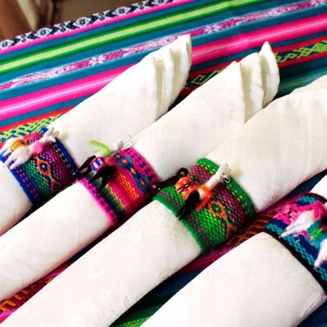 Peruvian Table Decor, Peruvian Wedding Traditions, Peruvian Party Decorations, Peruvian Wedding Decorations, Mexican Wedding Table Decor, Fabric Napkin Rings, Peruvian Inspired Wedding, Peruvian Wedding, Peruvian Decor