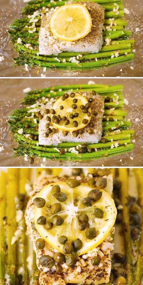 Baked Cod with Asparagus and Garlic Lemon Caper Sauce.  Use pacific cod or black cod.  Each cod fillet (together with asparagus and caper sauce) is baked in an individual foil pocket. One individual foil pocket with cod and asparagus equals one serving. #cod #fish #codrecipe  #bakedcod #asparagus #garlic #lemon #capers Asparagus And Fish Recipes, Cod Asparagus Recipe, Pacific White Fish Recipes, Baked Cod And Asparagus, Cod With Asparagus, Cod And Asparagus Recipes, Cod With Capers, Cod And Asparagus, Alaskan Cod Recipe