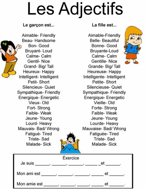 Adjective List | Mulgrave Junior School Languages Webpage Adjective List, Adjectives Worksheet, French Adjectives, French Language Basics, List Of Adjectives, Useful French Phrases, Learn French Beginner, French Basics, Adjective Worksheet