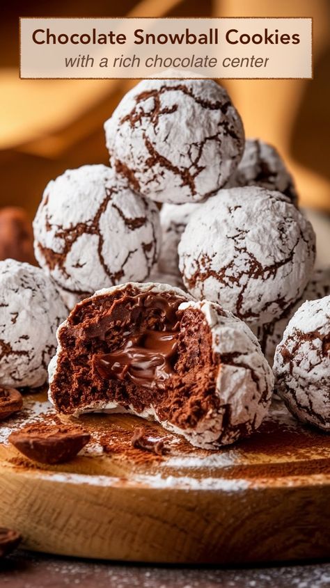 Chocolate Snowball Cookies with Melted Chocolate Centers - Emma's Cake Studio Double Chocolate Snowball Cookies, Hot Cocoa Treats, Fast Christmas Cookies, Cocoa Desserts, Chocolate Snowball Cookies Recipe, Fast Cookies, Chocolate Snowball Cookies, Snowflake Cookies Recipe, Snowball Cookies Recipe