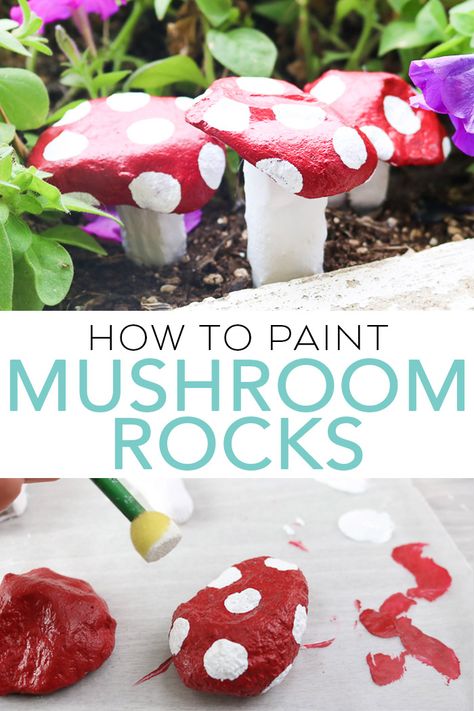 Learn how to paint stones to look like mushrooms. A quick and easy project that will look great in your garden or potted plants! #garden #mushrooms #rockpainting #painting Stone Exterior Houses, Stone Paint, Mushroom Paint, Mushroom Crafts, Garden Mushrooms, Rock Painting Ideas, Art Stone, Kids Games, Paint Rock