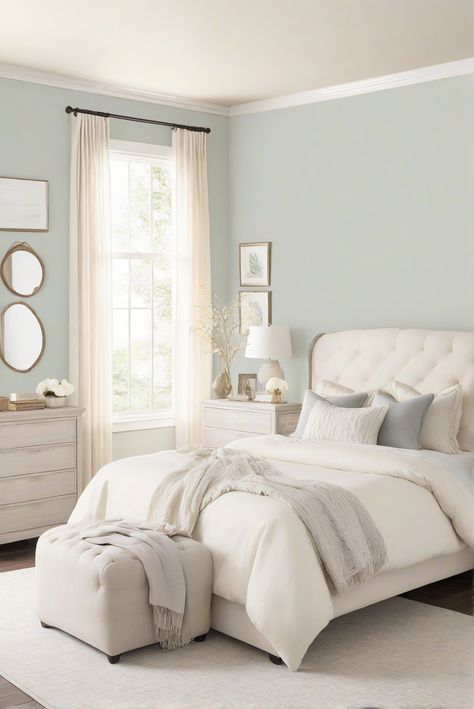 Dive into a tranquil escape with Balboa Mist (OC-27)! Discover how this misty hue transforms your space into a peaceful retreat with serene vibes. #Ad #homedecor #homedesign #wallpaints2024 #Painthome #interiorarchitecture Wall Colors Green Living Room Colors Bright Living Room Colors Apartment Renovation Living room Remodeling Modern Paint Colors 2024 Bedroom Interior Colour Combinations, Calming Color Palette Bedrooms, Bedroom Interior Colour, Colorful Living Room Bright, Calming Bedroom Colors, Modern Paint Colors, Girly Apartment Decor, Calming Bedroom, Interior Color Schemes