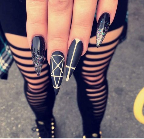 #stilletonails#pentagram#glitter#goth Nail Ideas 2023 Summer, Pastel Goth Nails, Glitter Goth, Stiletto Nail Designs, Goth Gifts, Horror Nails, How To Impress, Witch Nails, Witchy Nails