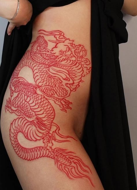 Red Ink Dragon Tattoo, Ink Dragon Tattoo, Dragon Tattoo Hip, Simbols Tattoo, Ink Dragon, Dragon Tattoo Meaning, Dragon Tattoo Ideas, Red Dragon Tattoo, Dragon Tattoo For Women