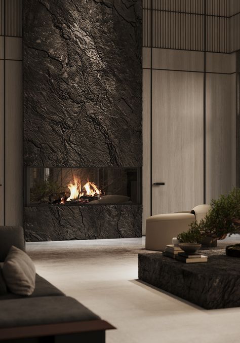 Living Fireplace Ideas, Fireplace Wabi Sabi, Concrete Accent Wall Living Rooms, Living Room Fireplace Modern, Fireplace Design Ideas Modern, Fireplace Texture, Feature Fireplace Wall, Fireplace Dark, Dramatic Fireplace