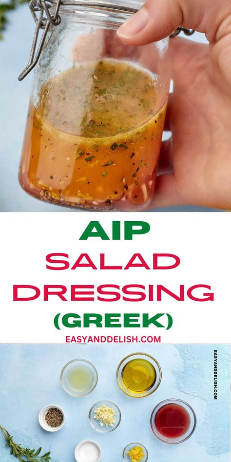 This Greek AIP Salad Dressing is healthy and doesn't contain the additives of store-bought dressings. It is also low-carb and anti-inflammatory! Aip Salad Dressing, Aip Salad, Mediterranean Salad Dressing, Paleo Salad Dressing, Low Carb Salad Dressing, Aip Diet Recipes, Pasta Vegetables, Salads Pasta, Autoimmune Paleo Recipes