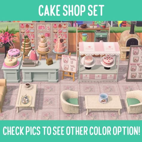 Cake Shop Cafe Set - Animal Crossing Furniture Animal Crossing Store Layout, Bakery Custom Design Animal Crossing, Pink Cafe Animal Crossing, Animal Crossing Furniture List, Cake Shop Animal Crossing, Animal Crossing Dessert Shop, Animal Crossing Cake Shop, Acnh Dessert Shop, Acnh Cake Shop