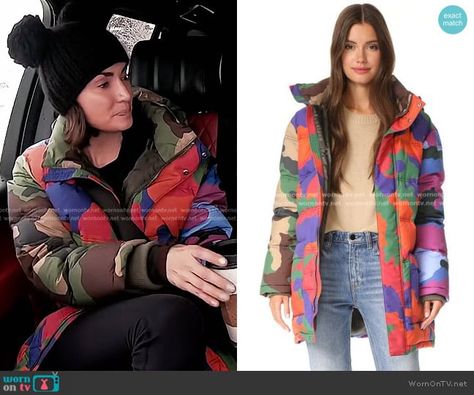 Bronwyn’s multicolor camo print down jacket on The Real Housewives of Salt Lake City.  Outfit Details: https://wornontv.net/464710/ Bronwyn Newport, Newport Fashion, Housewives Of Salt Lake City, Paris Family, City Outfit, Generation Gap, Housewives Of Atlanta, Housewives Of New York, City Outfits