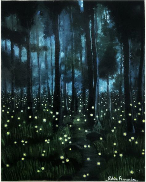 Fireflies Painting, Firefly Drawing, Fireflies At Night, Firefly Painting, Backgrounds Ideas, Firefly Art, Watercolor Scenery, Grass Painting, Small Watercolor