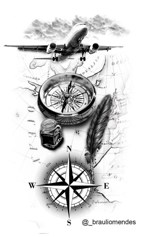 Aircraft Tattoo Design, Compass And Airplane Tattoo, Aviation Tattoos For Men, Map Tattoo Design, Aviation Tattoo, Compass And Map Tattoo, Pilot Tattoo, Compass Tattoo Men, Nautical Tattoo Sleeve