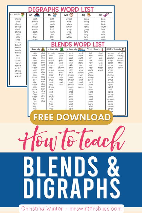 Do you know the difference between consonant blends and consonant digraphs? This post is full of tips on how to teach blends and digraphs along with FREE blend and digraph word lists. Check out this post for activities and resources you can use to help your students master blends and digraphs. List Of Digraphs, 1st Grade Blends And Digraphs, Digraph Word List, Y Words List, Teaching Blends, Teaching Digraphs, Word Sort Activities, Reading Tutor, Digraphs Activities