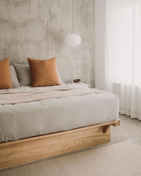 Limewash Feature Wall, Japanese Platform Bed, Japanese Bed, Natural Bedroom, Neutral Bedroom, Interior Photography, Sustainable Home, Linen Curtains, Wooden Bed