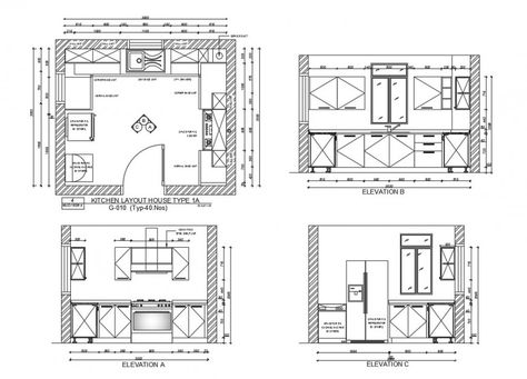 Kitchen all sided elevation and layout plan house type cad drawing details dwg file Kitchen Details Drawing Plan, Kitchen Plan Dimensions, Kitchen Elevation With Dimensions, Kitchen Details Drawing, Kitchen Plan And Elevation, Kitchen Elevation Drawing, Kitchen Layout Drawing, Kitchen Cabinets Drawing, Kitchen Elevation