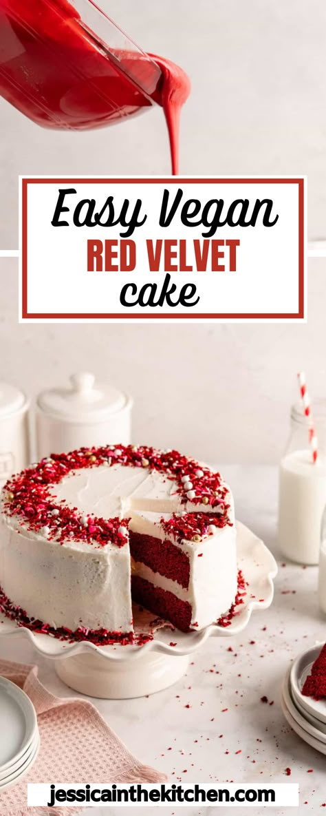 Red Velvet Cake Moist, Gluten Free Red Velvet Cake, Vegan Red Velvet Cake, Vegan Red Velvet, Nora Cooks, Fluffy Layers, Vegan Cream Cheese Frosting, Red Velvet Cake Recipe, Vegan Baking Recipes