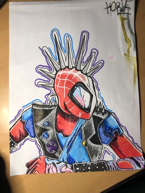 Spider Verse Drawing Pencil, Spiderman Punk Drawing, Spiderpunk Painting, Rockstar Spiderman, Spiderpunk Sketch, Spider Punk Sketch, Spiderpunk Drawing, Spider Punk Drawing, Punk Drawing