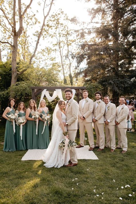 Green Themed Wedding Bridesmaid Dress, Sage Wedding Theme Grooms, Sage Green Rustic Wedding Bridesmaid Dress, Suits For Sage Green Wedding, Sage And Gold Groomsmen, Cream And Sage Wedding Suit, Green Bridesmaid Dress And Groomsmen, Sage Bridesmaids And Groomsmen, Sage Green Wedding Pictures