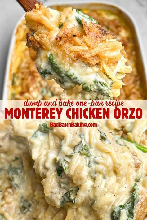 Monterey Chicken One Pan Orzo Rotisserie Chicken Orzo Recipes, One Pan Orzo, Orzo Dinner Recipes, Mother Clucker, Crockpot Dump Recipes, Monterey Chicken, Dump And Bake, Batch Baking, Orzo Recipes