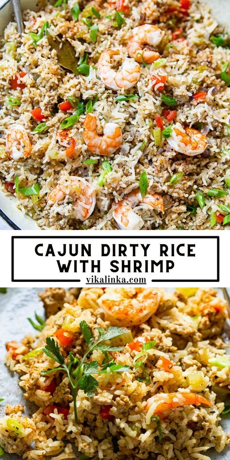 This Cajun Dirty Rice has been a staple in our house for over a decade, and I am finally sharing it with you because it’s a delicious and easy one pan meal! Catfish And Rice Recipes, Shrimp Dirty Rice Recipe, Shrimp Dirty Rice, Dirty Rice Recipes, Dirty Rice With Shrimp, Seafood Dirty Rice, Dirty Rice With Sausage, Dirty Rice Recipe Easy, Cajun Dirty Rice Recipe