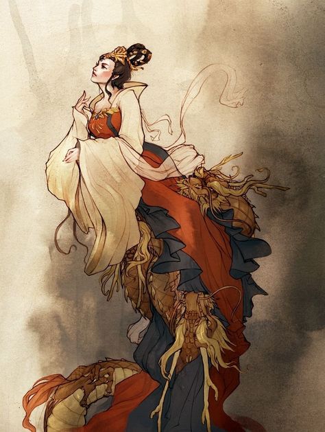 In Chinese mythology, Long Mu (simplified Chinese: 龙母; traditional Chinese: 龍母; pinyin: lóng mǔ; Wade–Giles: lung mo) or Mother of Dragons was a Chinese woman who was deified as a goddess after raising five infant dragons. Long Mu and her dragons developed a strong bond for each other, and have thus become an example of filial devotion and parental love, an important virtue in Chinese culture. Parental Love, Chinese Woman, Chinese Mythology, Mythology Art, Mother Of Dragons, A Goddess, Chinese Painting, Chinese Culture, Gods And Goddesses