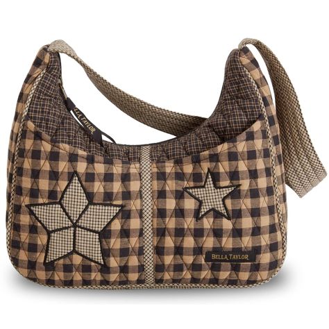 PRICES MAY VARY. COUNTRY AMERICANA: Primitive patchwork stars dance atop black, tan and charcoal grey quilted cotton plaid and check fabrics in Farmhouse Star, our traditional primitive American design. SIZED JUST RIGHT: Not too big and not too small, the Blakely quilted purse measures 11" wide, 9.5” high at the sides (7" in the middle), and 4" deep. It’s the perfect size hobo-style pocketbook to carry everything you need, and the secure top zipper closure keeps your belongings safe inside. PLEN Fabric Handbags, Fabric Purses, Navy And Khaki, Quilted Purses, Americana Fashion, Hobo Shoulder Bag, Lightweight Quilt, Hobo Style, Patchwork Bags