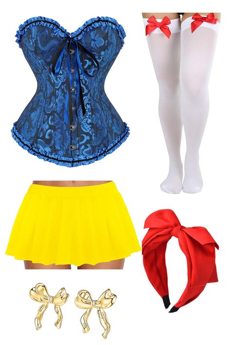 blue corset, yellow mini skirt, bow earrings, red hair bow, white knee high socks with red bow Snow White Halloween, White Halloween Costume, Halloween Ideias, Disney Princess Halloween Costumes, Snow White Halloween Costume, Belle Halloween, Classy Halloween Costumes, Snow White Costume, Fairy Halloween Costumes