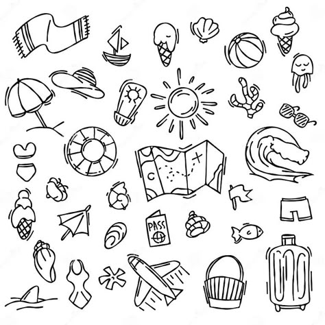 Summer Doodle Icons Set. Summer Elements Map, Sun, Ice Cream, Airplane and Other Stock Vector - Illustration of summer, drawing: 322215215 Summer Elements Illustration, Simple Summer Drawings, Calendar Doodles Ideas, May Doodles, June Doodles, Earth Doodle, Ice Cream Doodle, Jane Maday, Summer Doodles