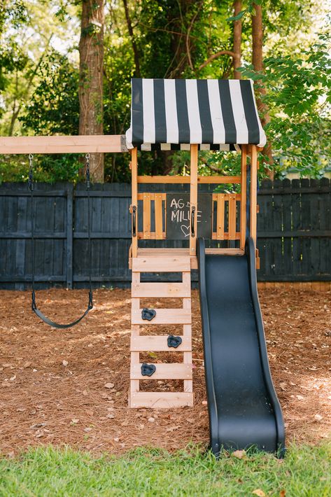 Play Set For Small Backyard, Diy Swingset And Slide, Playset Upgrades, Update Swingset, Small Playsets For Small Backyards, Backyard Playset Makeover, Play Area Small Backyard, Small Backyard Playset, Black Playground Makeover