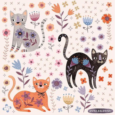 589 Me gusta, 17 comentarios - Janna Krupinski (@tabularosi) en Instagram: "Can’t stop painting cats! #illustratorsoninstagram #artlicensing #illustration #surfacepattern…" Russian Folk Illustration, Scandinavian Folk Art Embroidery, Animal Folk Art, Folk Art Drawing, Folk Cat, Folk Art Cats, Folk Art Tattoo, Folk Animals, Folk Art Animals