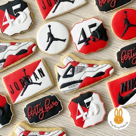 Honey Bunny Cookie Co. on Instagram: ““I’ve always believed that if you put in the work, the results will come.”  - Michael Jordan . Basketball has been a huge part of my life -…” Jordan 4 Cake Ideas, Jordan Basketball Party, Jordan Bday Theme, Air Jordan Party Theme Ideas, Jordan Cookies Decorated, Michael Jordan Cookies, Jordan Basketball Birthday Party Ideas, Sneaker Ball Cookies, Michael Jordan Party Ideas