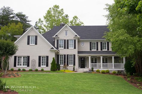 BM Revere Pewter w/Vanilla Milkshake trim and black shutters. Revere Pewter Exterior, Exterior Brick House Colors, Benjamin Moore Exterior Paint, Brick House Colors, Grey Exterior House Colors, Benjamin Moore Exterior, Painted Brick Exteriors, Exterior Gray Paint, Paint Colors For House