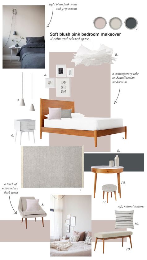 Blush pink bedroom inspiration - Farrow & Ball Peignoir - West Elm mid-century furniture - Scandinavian modernism Dusty Pink Bedroom, Blush Pink Bedroom, Blush Bedroom, Furniture Makeover Inspiration, Diy Furniture Bedroom, Dekorasi Kamar Tidur, Pink Bedrooms, Farrow And Ball, Perfect Bedroom