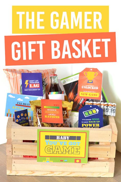 Can't wait to give this gamer gift basket to my gamer hubby. :) #gamerlove #gamergifts Game Gift Basket, Gamer Gift Basket, Game Basket, Diy Christmas Baskets, Movie Night Gift Basket, Gamer Boyfriend, Gift Baskets For Him, Boyfriend Gift Basket, Handmade Gifts For Boyfriend