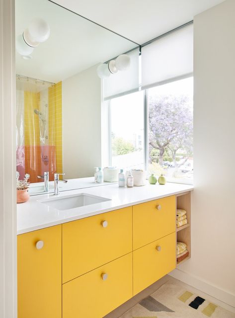 Boomerang House by ORA - Dwell Yellow Bathroom Vanity, Bath Photos, Teal Tile, Color Tiles, Creative Tile, Yellow Bathroom, Accessory Dwelling Unit, Front Courtyard, Heath Ceramics