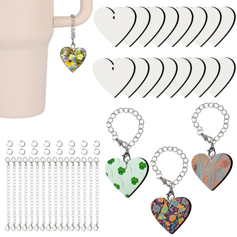 PRICES MAY VARY. 【Portable Size】:Charm round-3*3cm；heart-3.5*3.65cm；Rectangle 2.4*4.7cm, thickness is 0.1 inch/ 0.3 cm. Sublimation charm accessories chain ring diameter is about 0.3 inches / 0.76 cm, chain length is 4 inches / 10 cm, perfectly compatible with Stanley Cup, fits most mugs with handles, and can also be hung on bags, keys, pet collars, and any other places that can be decorated. 【Material High Quality】: The sublimation charms is made of high quality MDF material, the chain and jump Tumbler Charms, Sublimation Keychains, Diy Crafts Gift, Cup Charms, Bulk Gifts, Charm Accessories, Cup Sublimation, Brand Purpose, Sublimation Ideas