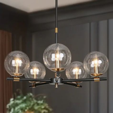 Modern 5-Light Black Gold Wheel Chandelier Globe Glass Pendant Lights for Dining Room - 22" D x 14" H - On Sale - Bed Bath & Beyond - 35774595 Glass Globe Pendant Light, Modern Lighting Chandeliers, Wheel Chandelier, Kitchen Island Linear Pendant, Wagon Wheel Chandelier, Geometric Chandelier, 5 Light Chandelier, Gold Chandelier, Wagon Wheel