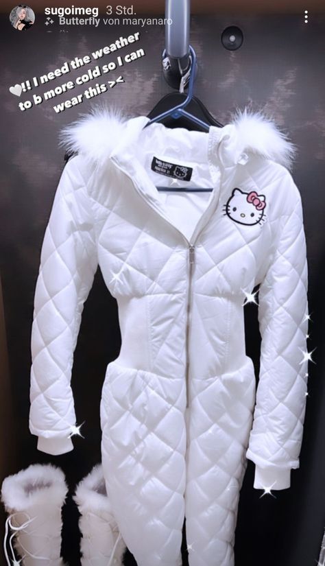 Hello Kitty Winter Outfit, Hello Kitty Puffer Jacket, Hello Kitty Snowsuit, Snow Suit Aesthetic, Y2k Hello Kitty Clothes, Hello Kitty Wardrobe, Cute Hello Kitty Clothes, Hello Kitty Outfit Y2k, Hello Kitty Fits Y2k