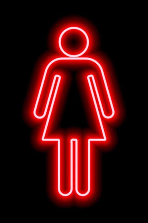 A simple stylized symbol of a woman. Female sign. Red neon outline on a black background. Sign women's toilet. Female Sign, Vector Nature, Red Neon, Female Symbol, Pop Art Comic, Art Comic, Nature Design, Neon Lighting, Black Background