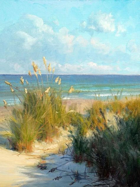 Dunes, clouds and the sea, beautiful artwork Sea Oats, Water Colors, Ocean Painting, Beach Painting, Seascape Paintings, Ocean Art, Pastel Painting, Beach Art, Watercolor Landscape