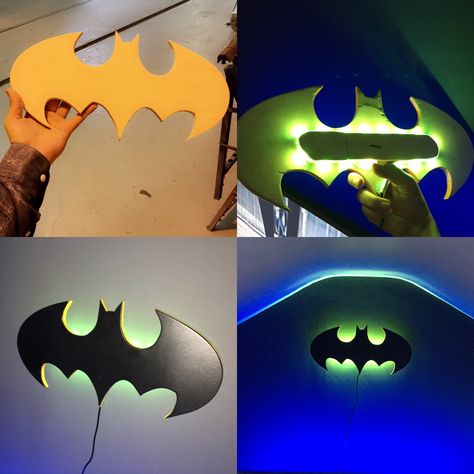 Home made batman light #mancave Batman Diy Decorations, Batman Cave Room Ideas, Diy Batman Gifts, Batman House Decor, Batman Gift Ideas, Batman Lights, Batman Themed Bedroom, Batman Room Decor, Super Batman