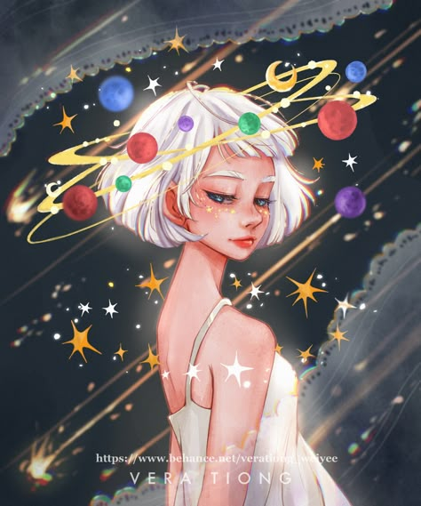 Space Girl on Behance All Planets Drawing, Space Person Art, Space Woman Art, Space Anime Character, Astronomy Character Design, Space Hair Drawing, Space Themed Character Design, Galaxy Girl Art, Space Girl Aesthetic