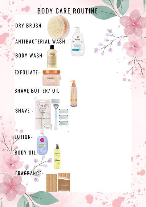 Step by step body/ shower care routine 💕 Best Shower Routine Steps, Simple Body Care Routine, Full Self Care Routine, Step By Step Shower Routine, Body Care Routine Steps List, Shower Routine For Teens, Shower Order Routine, Everything Shower Routine Steps List, Body Self Care Routine