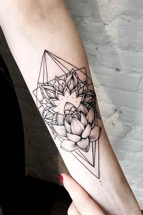 There are many variations of a lotus flower tattoo, but they all have one thing in common: they look simply wonderful. Check out our collection of the best lotus flower tattoos! #lotusflowertattoo #lotustattoo #tattoosforwomen #tattooideas Diamond Flower Tattoo, Carnation Flower Tattoo, Carnation Tattoo, Triangle Tattoos, Flower Tattoo Arm, Geometric Tattoo Design, Floral Tattoo Design, Wings Tattoo, Ellie Goulding