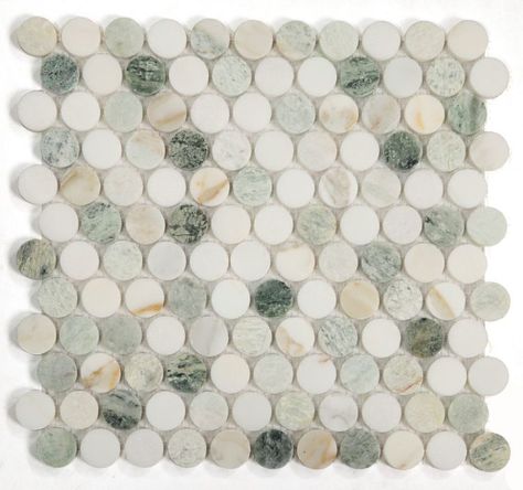 Penny Marble Spring 11 x 11.75 Calacatta Green, Penny Tile, Round Tiles, Penny Round, Marble Mosaic Tiles, Marble Surface, Ceramic Shop, Grout Color, Kitchen Wall Tiles