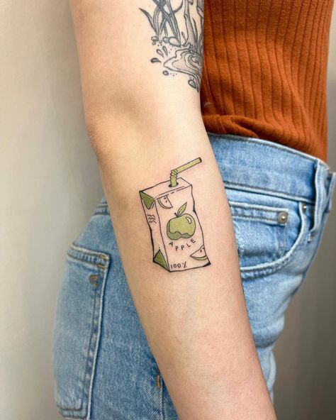 Apple Juice Tattoo, Juice Carton Tattoo, Apple Core Tattoo, Juice Box Tattoo, Apple Tattoo, Brooklyn Tattoo, Juice Tattoo, Nyc Tattoo, Bushwick Brooklyn