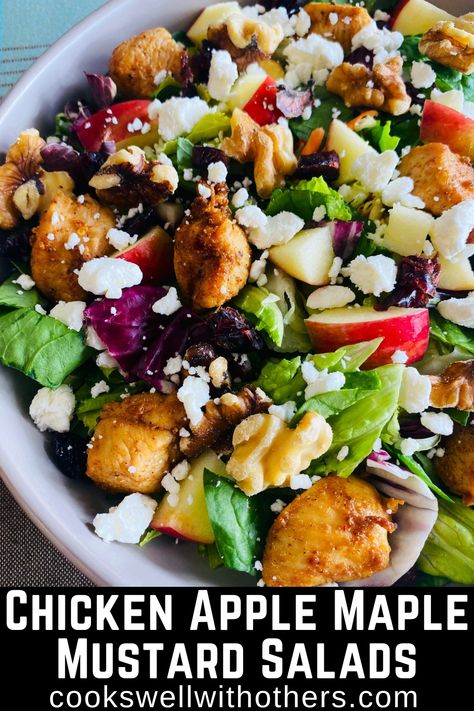 salad topped with chicken apples and goat cheese Chicken Apple Walnut Salad Recipe, Fall Salads, Apple Walnut Salad, Chicken Salad With Apples, Chicken Apple, Maple Mustard, Apple Maple, Apples And Cheese, Easy Dinner Recipe