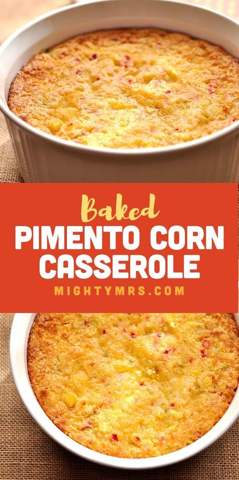 Baked Pimento Corn Casserole - A quick and easy Thanksgiving or Christmas side dish that's always a hit. This unique recipe features pimentos and green chilies for a very mild and sweet heat—nothing grandma can't handle. Baked with fresh, frozen or canned sweet and cream corn, cornbread mix and sour cream this casserole is crispy on the outside, creamy and flavorful in the middle. Best for feeding crowd. Make ahead for pot lucks. Serve hot! #corncasserole #sidedish #thanksgiving Cream Corn Cornbread, Baked Corn Casserole, Corn Cornbread, Christmas Side Dish, Baked Dish, Cornbread With Corn, Casserole Dish Set, Green Chilis, Cream Corn